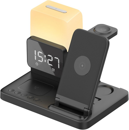 6-in-1 Wireless Phone Charger Alarm Clock LED Lamp 15W Fast Charge Earphone Watch Charge