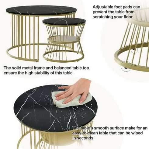 Round Coffee Tables, Removable Set of 2 End Table, Nesting Tables with Gold Metal Frame Legs and Marble Pattern Top