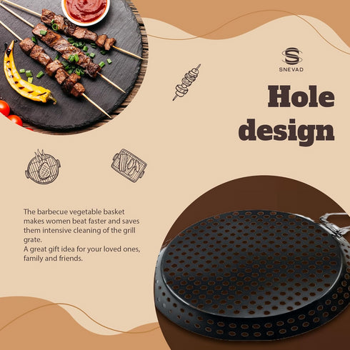 Round BBQ Non-Stick Grilling Skillet, Anti-Rust Grilling Pan with Wooden Handle