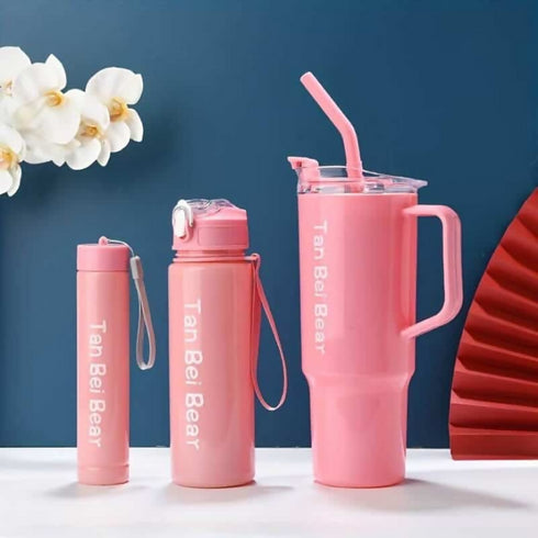 3 Piece Sports Water Bottle Set With Straw- Pink