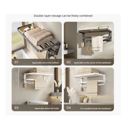 Wall-Mounted Towel Rack with Double-Layer Shelf and Hooks