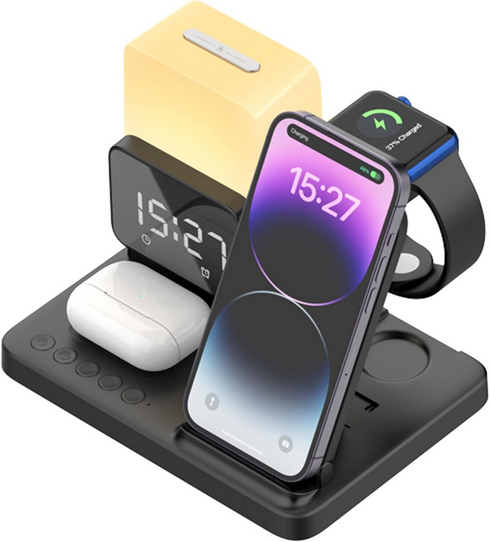 6-in-1 Wireless Phone Charger Alarm Clock LED Lamp 15W Fast Charge Earphone Watch Charge