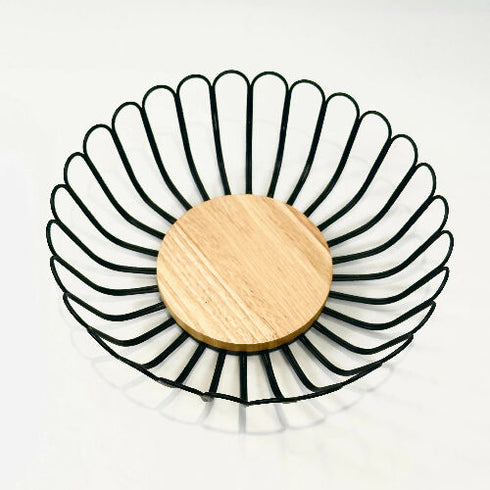 Fruit Bowl Basket Round Shape Metal Black Wire Storage Basket With Wooden Base for Fruit Vegetable