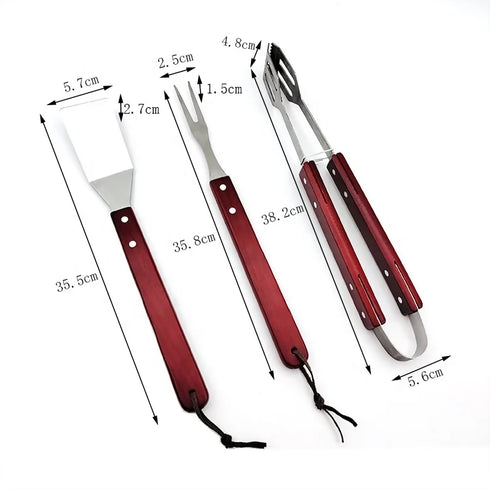 3PC Outdoor BBQ Braai Utensils with Wooden Handle