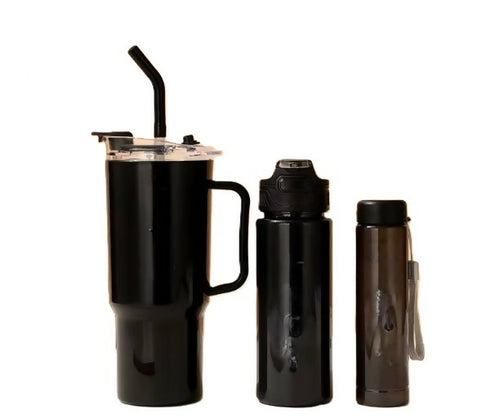 3 Piece Sports Water Bottle Set With Straw- Black