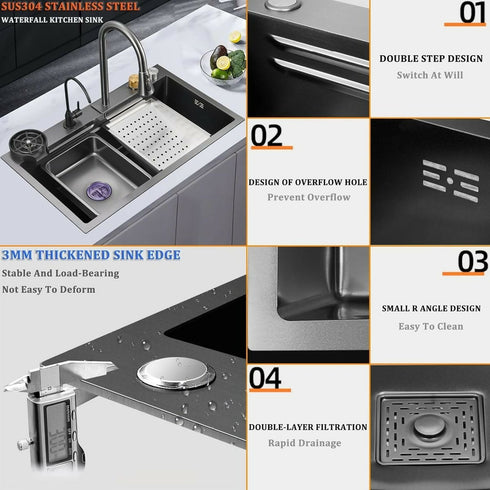 Modern Single-slot 304 Stainless Steel Waterfall Faucets Multifunction Smart Kitchen Sink