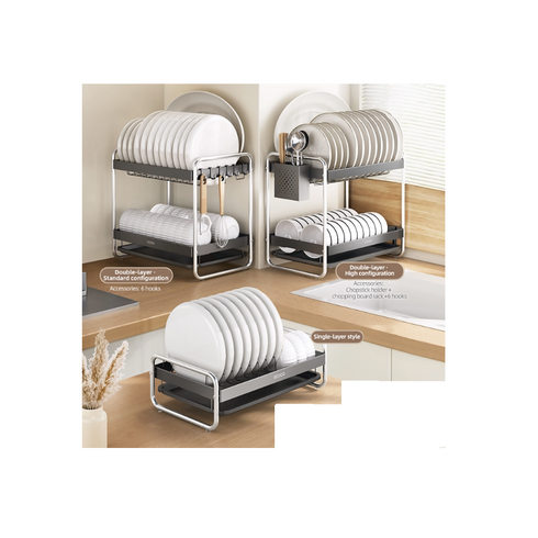 Dish Drying Rack, Carbon Steel, Single-Layer with Drip Tray - Gray
