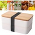 Double-layered Bamboo Lid Lunch Box Bento Box with Cutlery - 1600ml - White