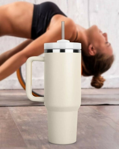1.2L Tumbler with Handle Straw Lid, Stainless Steel Travel Mug - Cream