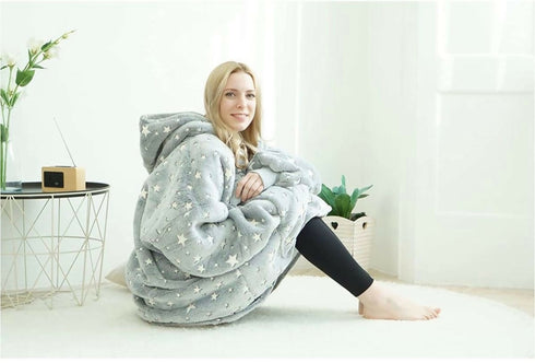 Glow in the Dark Oversized Sherpa Hoodie Blanket - Star Pattern