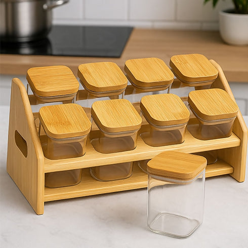 8-jar glass spice set with wooden lids