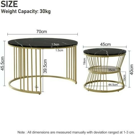 Round Coffee Tables, Removable Set of 2 End Table, Nesting Tables with Gold Metal Frame Legs and Marble Pattern Top