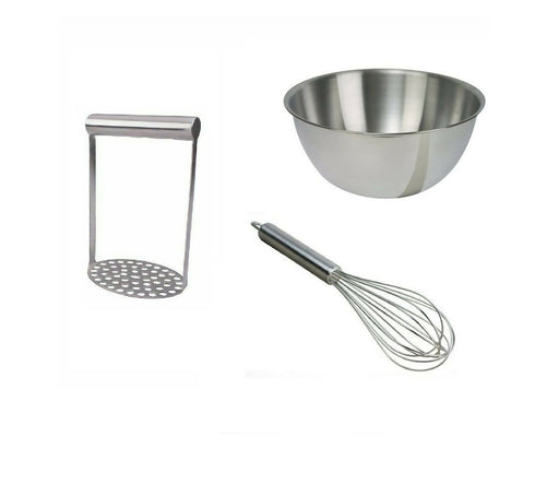Stainless Steel Chef's Kitchen Set - Mixing Bowl - 20cm, Whisk & Masher