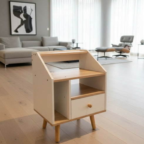 Counter Square Side Table With Drawer+Stroage-White Bedside Pedestal-7018