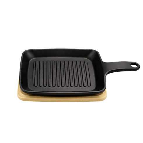 Square Cast Iron Sear and Serve Skillet and Wooden Serving Board with ecoco Food Tongs