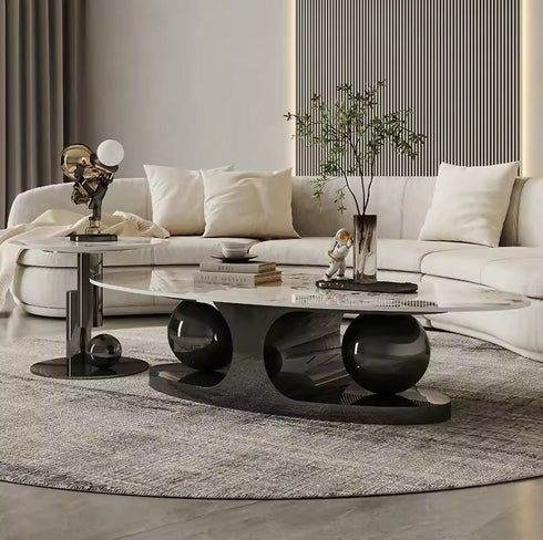 Oval Marble Top Coffee Table with 2 Ball Base Design And Side Table
