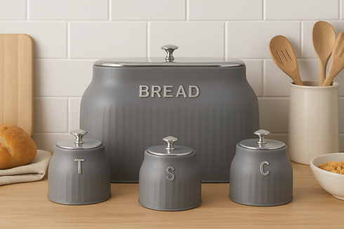 Bread Bin And 3 Piece Canisters - Grey