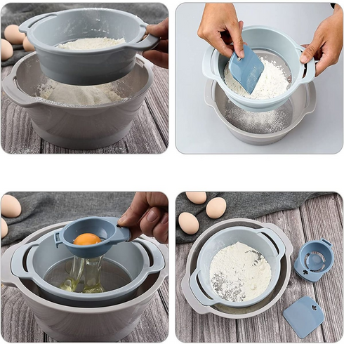 4 Pieces Of Multifunctional Stackable Fine Mesh Flour Sifter Set - Grey/Blue
