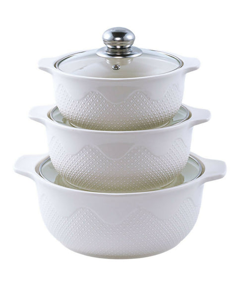 3 Piece White Ceramic Casserole Serving Dishes Set with Tempered Glass Lid Covers