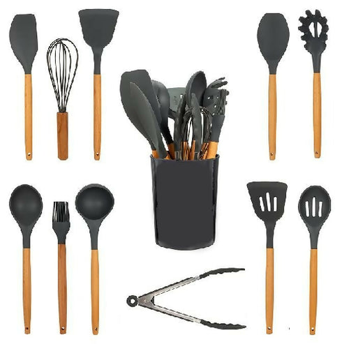 Silicone Kitchen Utensil Set with Wooden Handle