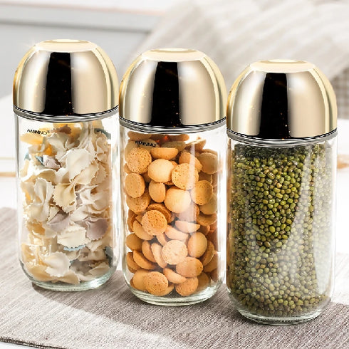 3 Pack Round Glass Kitchen Food Grade Gold Plated Airtight Sealed Glass Storage Jar