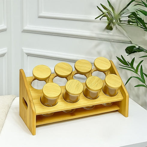 8-jar glass spice set with wooden lids