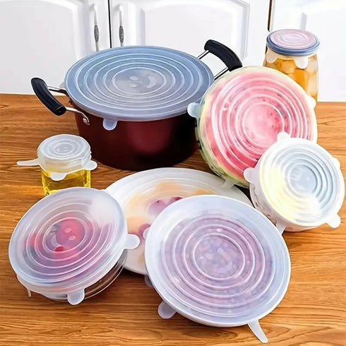 6-Piece Reusable Transparent Stretchable Silicone Lid Cover - Transparent