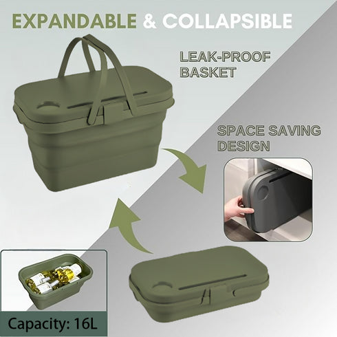 Collapsible Picnic Basket with Handles, Lid as Table - 3-in-1 Bucket - Green