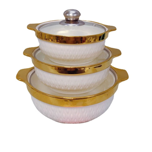 3 Piece White Ceramic Casserole Serving Dishes Set with Tempered Glass Lid Covers