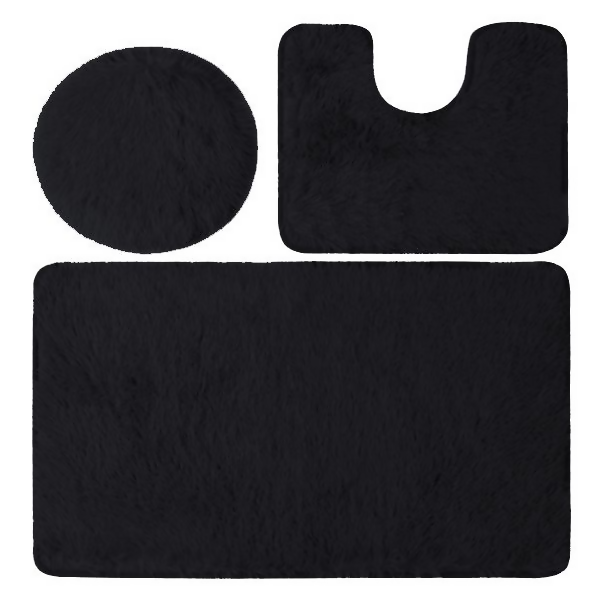 3 Piece Fluffy Toilet Seat Cover & Bathroom Mats Set - Black