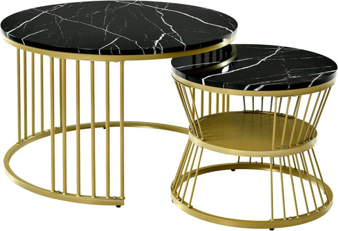 Round Coffee Tables, Removable Set of 2 End Table, Nesting Tables with Gold Metal Frame Legs and Marble Pattern Top