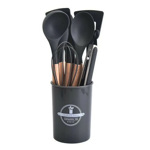 12-Piece Non-Stick Silicone Kitchenware Set With Wooden Handle Cooking Utensils for Storage Barrel