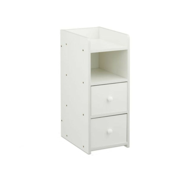 Slim Double Drawer Wooden Bedside Table With Storage - White - 7012