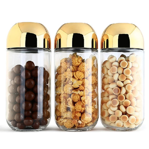 3 Pack Round Glass Kitchen Food Grade Gold Plated Airtight Sealed Glass Storage Jar