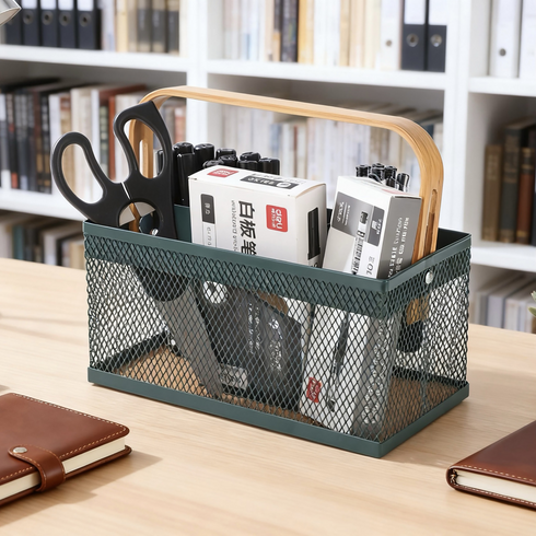 Cutlery Organizer Basket with Bamboo Handle