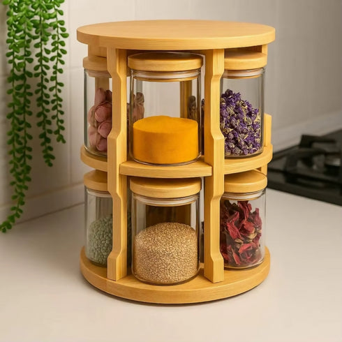 360° Rotating Bamboo Tabletop Spice Rack With 10 Jars for Kitchen