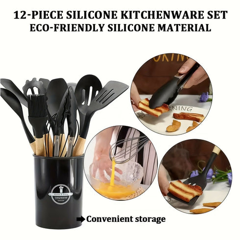 12-Piece Non-Stick Silicone Kitchenware Set With Wooden Handle Cooking Utensils for Storage Barrel