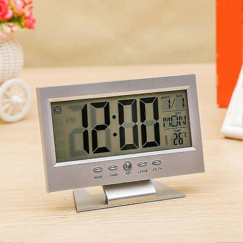 Sound Sensor Light Up LCD Digital Table Alarm Clock Calendar Temperature Display