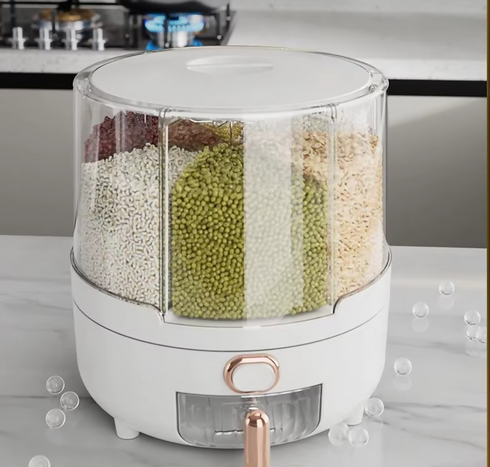 360 Rotation 6 Grid Rice Dispenser Moisture-Proof PP Kitchen Food Grain Coffee Storage Box Container