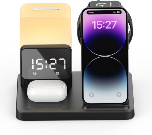 6-in-1 Wireless Phone Charger Alarm Clock LED Lamp 15W Fast Charge Earphone Watch Charge