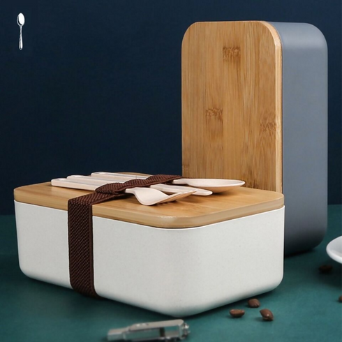 Double-layered Bamboo Lid Lunch Box Bento Box with Cutlery - 1600ml - White