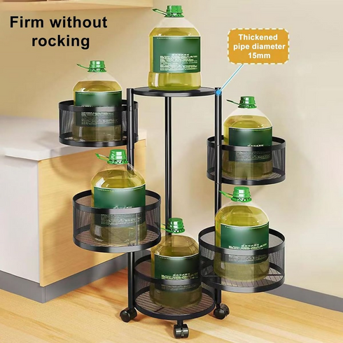 5 Tier Fruit Shelf Basket Storage Rack Rotating Wheels