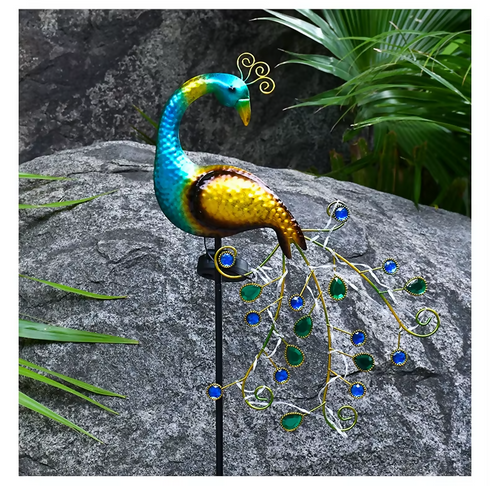 2 Pack-Solar Peacock Crafts Iron Art Grounded Courtyard Decorative Light.