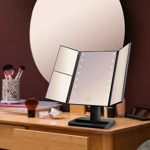 Elements Tri Fold LED Vanity Mirror, 3 Magnifications and Dimmable LED Lights, Black
