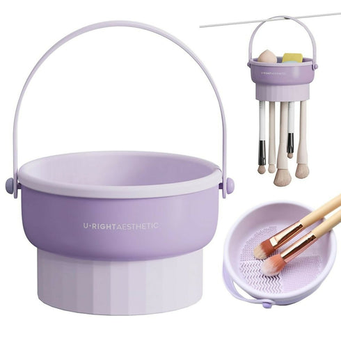 2 in 1 Silicone Makeup Brush Cleaner Bucket Hanging Brush Tool Cleaner - Purple