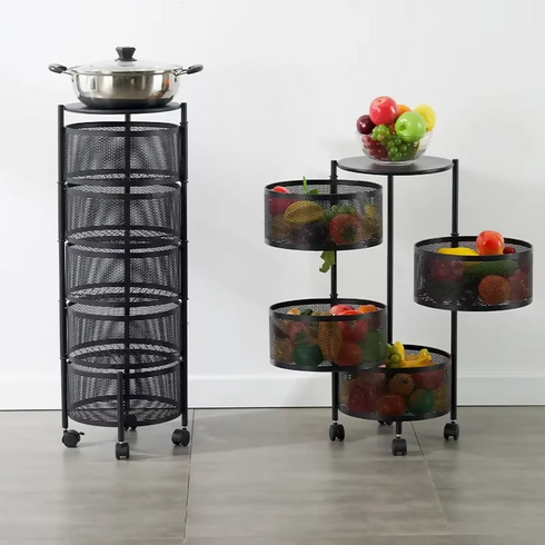 Source Factory Multi-layer Rotatable Carbon Steel Kitchen Shelf with Pulley Feet Fruit and Vegetable Kitchenware Storage Rack