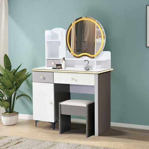 Makeup Vanity Corner Dressing Table with LED Mirror & Stool