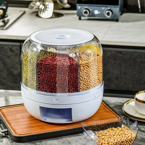 360 Rotatable 6 Grid Food Storage Container Grain Cereal Rice Dispenser - 2 Piece