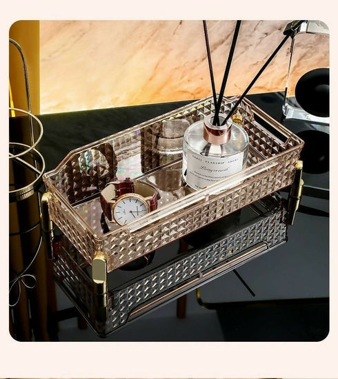 Modern Clear Desktop Storage Organizer Diamond Pattern Cosmetic Organizer - Brown