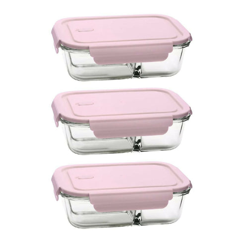 Split Compartment Leak-Proof Glass Food Containers - 650ml - 3 Pack